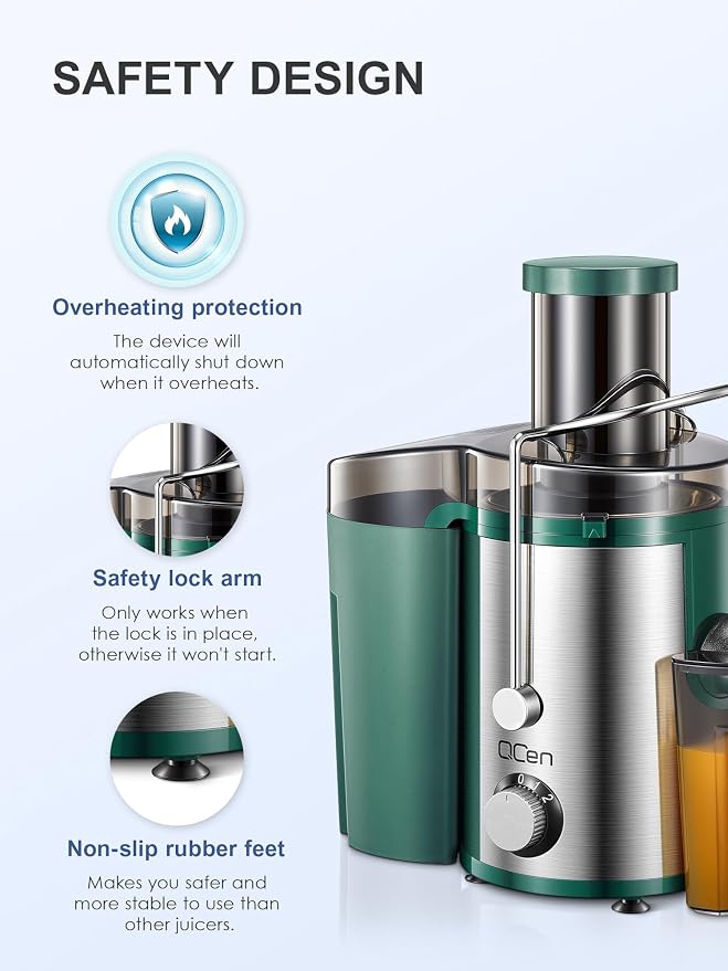 Juicer Machine 800W Centrifugal Juicer with Wide Mouth Feed Chute | For Fruits And Vegetables, Stainless Steel, BPA-Free Parts, Easy To Clean, Green, Fast Juice Extraction