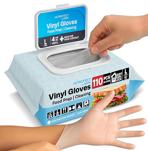 Keppi 110 Pack Clear Vinyl Gloves – Disposable Latex - BPA & Powder-Free – Food Safe Plastic Gloves for Cooking Cleaning Food Prep Catering BBQ Baking & Restaurant Use - (Large)