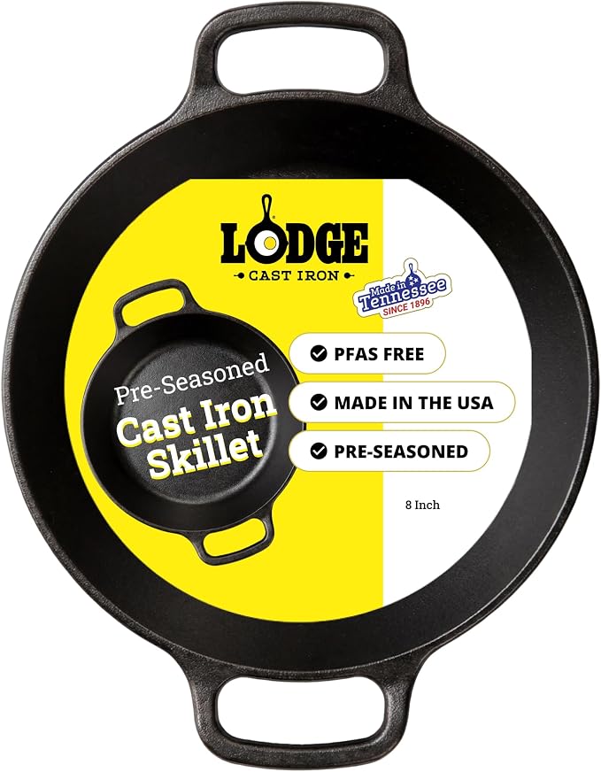 Lodge Seasoned Cast Iron Dual Handle Pan 8 Inch - Cast Iron Frying Pan - Even Heat Distribution - Oven & Stovetop Safe - PFAS-Free, Non-Toxic Cookware