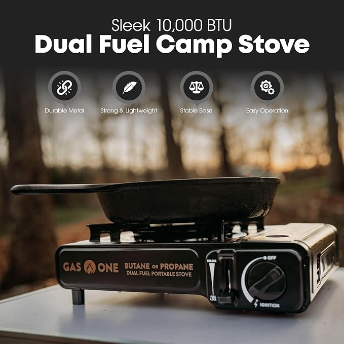 GasOne 10,000 BTU Dual Fuel Camp Stove – Butane and Propane Burner Portable Stove Camping Grill with Adjustable Heat Dial, Carry Case, Automatic Electric Ignition – Safe and Durable Construction