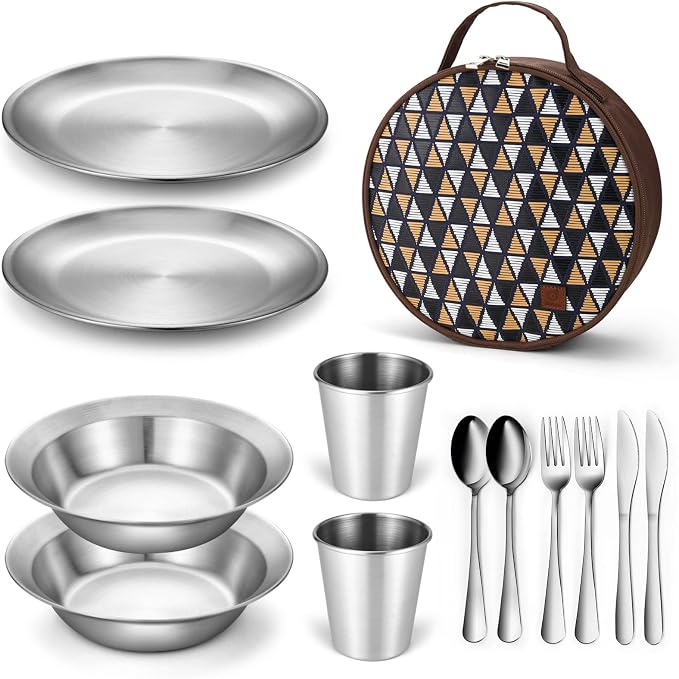 Odoland Stainless Steel Camping Mess Kit for Family & Person | Cooking Tableware Utensils with Plates Bowls Forks Spoons Knives & Savings Bag for Camping, Backpacking, Hiking, Picnic