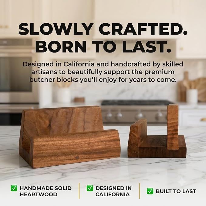 SHUMARU 2-Inch Thick Cutting Board Holder – Solid Hardwood Stand for Premium Butcher Blocks – Perfect Fit for Heavy 2" Thick Boards – Anti-Tip Countertop Organizer Holds Two 1" Boards