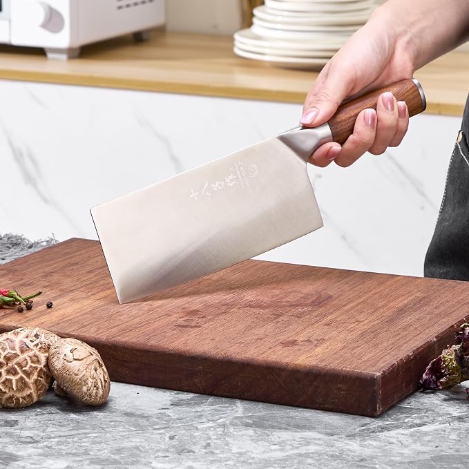 SHI BA ZI ZUO 7 Inches Stainless Steel Meat and Vegetable Cleaver Knife with Ergonomic and Sturdy Wooden Handle