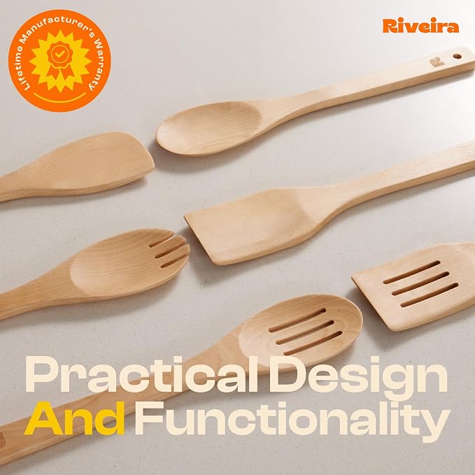 Riveira Maple Wooden Spoons for Cooking Set of 6 – Natural Maple Wooden Cooking Utensils, Wooden Spatula, Wooden Spoon - Premium Quality Utensil Set for Non-Toxic Cooking