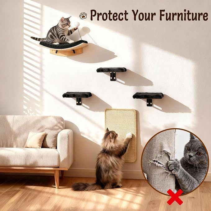 Wooden Cat Wall Shelves and Perches, 5 Piece Wall Mounted Cat Furniture System with Soft Washable Pads, Modern & Space-Saving Design for Climbing and Play