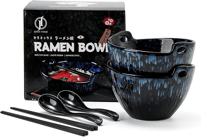 Ramen Bowl with Chopsticks and Spoons Set, 7 Inch Ceramic Noodle Bowl Set of 2, Donburi Bowl Dishwasher Safe for Pho Udon Soba Noodle Salad Pasta, Special Reactive Glazed Navy Bowls Set