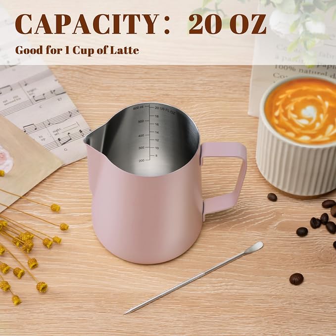 Amrules Milk Frothing Pitcher, 20 oz Milk Frother Cup with Clear Scale, 304 Stainless Steel Cappuccino Espresso Machine Accessories for Barista Coffee Bar with Latte Art Pen, Pink