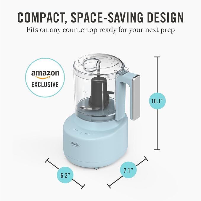 Martha Stewart 3 Cup Electric Vegetable Chopper & Mini Food Processor, Blue | 24oz BPA-Free Bowl, Stainless Steel Blades, Pour Spout, Dice, Puree, Mince, Chop Vegetables & Herbs, Dishwasher-Safe Parts