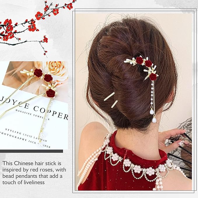 Lawie 10 Pack Cute Flower Butterfly U Shaped Gold Metal Hair Fork Pins Curved Chopsticks for Hair Sticks with Dangles French Hair Pins Bun Holder Decorative Hair Accessories for Women Girls (Red)