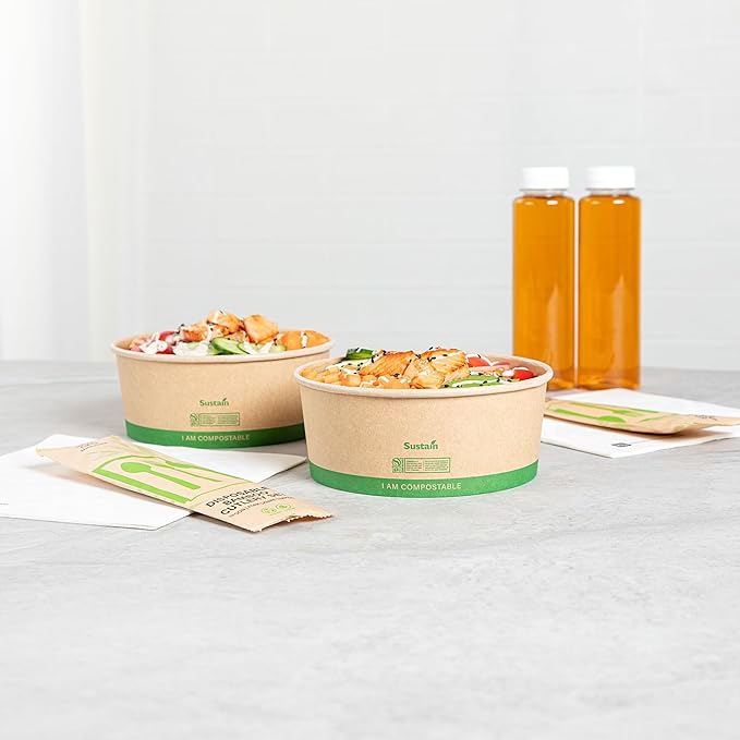 Restaurantware Compostable Paper Food Containers 50 Pack Of 37 oz BPI-Certified Round Kraft Salad Bowls Disposable Grease-Resistant Meal Prep Take Out Containers For Ice Creams, Soups, Snacks