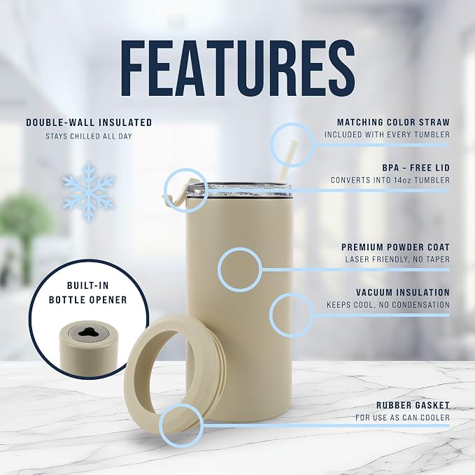4 in 1 Universal Can Cooler - Beige, Can Holder Insulated, Beer Bottle Cooler, Universal Holder for All Drink Sizes, Stainless Steel Insulated Tumbler, Tailgating Accessories