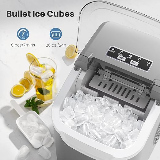 Portable Countertop Ice Maker Machine with Handle, 8 Bullet-Shaped Ice Cubes Ready in 6 Mins, 26Lbs/24H, Self-Cleaning Function with Ice Scoop and Basket for Home/Kitchen/Party (Grey)