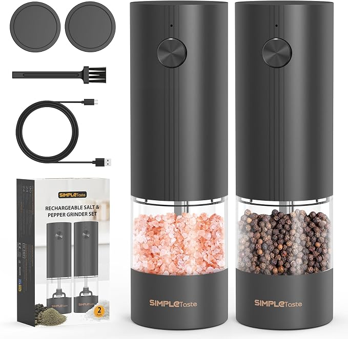 SIMPLETASTE Electric Salt and Pepper Grinder Set with LED Light, Automatic Pepper Mill Shakers with Adjustable Coarseness, One Hand Operation for Kitchen, Dining, Gifting, Black, Rechargeable