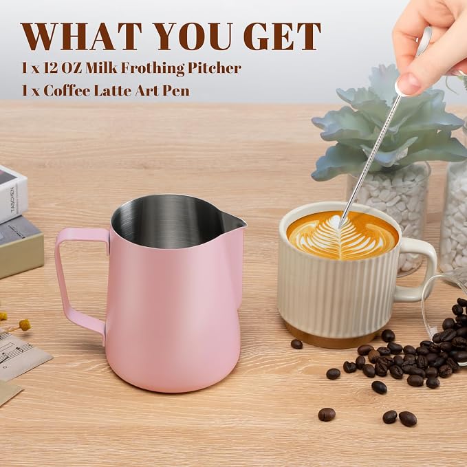 Amrules Milk Frothing Pitcher, 12 oz Milk Frother Cup with Clear Scale, 304 Stainless Steel Cappuccino Espresso Machine Accessories for Barista Coffee Bar with Latte Art Pen, Pink