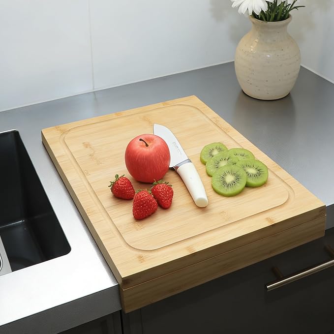 BAMOTTO CRAFTBAMBOO Bamboo Cutting Board for Kitchen 12.6"x17.7" Over-Sink | Detachable Front Lip | Reversible Dual Juice Grooves | Large Chopping Board for Bread Meat Vegetables