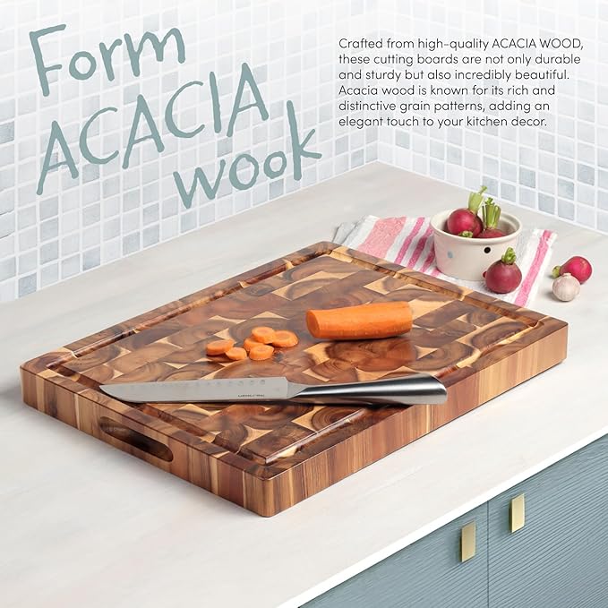 XL Acacia End Grain Wood Cutting Board (20x15x1.5in) Acacia Wooden Cutting Board, Butcher Block, Chopping Board - Reversible Multipurpose For Kitchen with Juice Groove, Cracker Holder & Inner Handles.