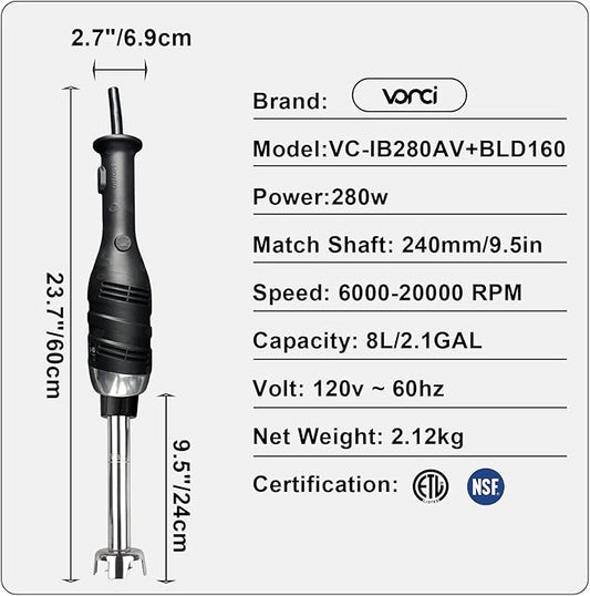 VONCI 280W Commercial Immersion Blender, Light Duty Hand Blender with Variable Speed 6000-20000RPM, Handheld Stick Mixer with 9.5" Detachable Shaft, Professional Blender for Restaurant Kitchen.