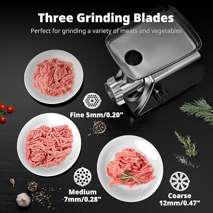 AIRMSEN Electric Meat Grinder & Mincer – Heavy Duty Professional Stainless Steel Sausage Maker & Stuffer with 3 Plates, 2 Stainless Blades & Kubbe Kit – Fast, Quiet, Easy to Clean for Home Kitchen Use