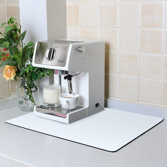ZLR Coffee Bar Mat for Keurig & Nespresso, 12"x16" Small, Milk White | Absorbent Dish Drying Mat, Stain-Hiding PU Leather Top, Non-Slip Rubber Back, Heat-Resistant, Fits Frother & Pour-Over