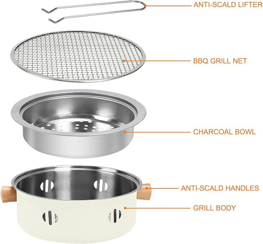 Portable Charcoal Barbecue Grill, 1pc Mini BBQ Grill Multifunctional Charcoal Grill Round Tabletop Charcoal Grill for Outdoor Cooking Home Party Picnic Camping (Beige)