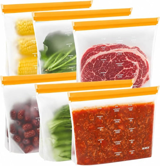 IDEATECH Reusable Gallon Freezer Bags, Reusable Food Storage Bags, 6Pack | Leakproof, Dishwasher Safe, BPA-Free Food Grade, Large Size with Measurement Marks for Meat, Marinades & Freezer Storage