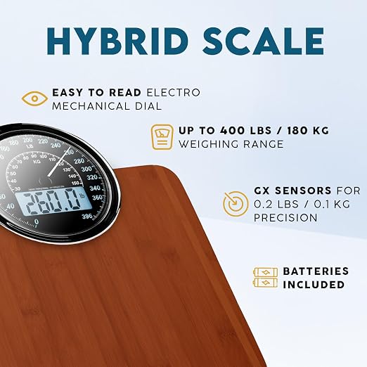 ZENO Hybrid 2-in-1 Analog & Digital Weighing Scale for Body Weight up to 400lbs - Thick Tempered Glass - Extra Large Display - Easy to Read Digital Bathroom Scale - New - Dark Wood