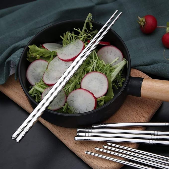 5 Pairs Metal Chopsticks, Stainless Steel Chopsticks Set, Reusable, Lightweight 304 Non-Slip Chop Sticks, Dishwasher Safe, Japanese Korean for Cooking, 8.9 Inch, Silver