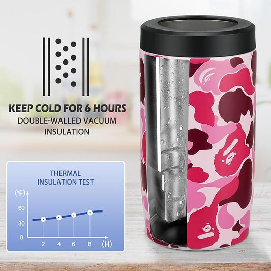 4-in-1 Slim Can Cooler Easy to Hold Insulated Beer Can Holder Double-walled Stainless Steel for All 12 Oz Cans (Camouflage Pink)