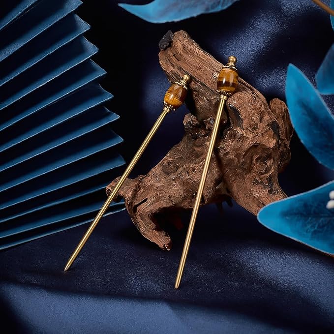 PH PandaHall 2pcs Natural Tiger Eye Bead Hair Stick Vintage Hairpin 5.9 inch Golden Hairpins Chinese Hairpin Metal Hair Sticks Brass Hairs Chopstick for Women Gifts Long Hairs Ornament Accessory