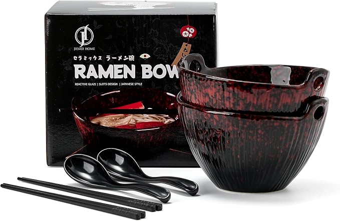 Ramen Bowl Set with Chopsticks and Spoons, Ceramic Noodle Bowl Set of 2, Donburi Bowl, Dishwasher Safe for Pho Udon Soba Noodle Salad Pasta, Special Reactive Glazed Crimson Bowls Set
