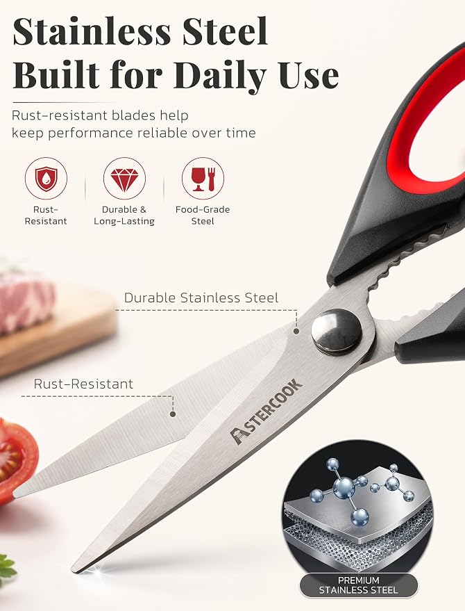 Astercook Kitchen Scissors 3 Pack, Heavy Duty All Purpose Kitchen Shears for Food and Packaging, Stainless Steel Food Scissors for Meat, Poultry, Herbs and Vegetables, Dishwasher Safe