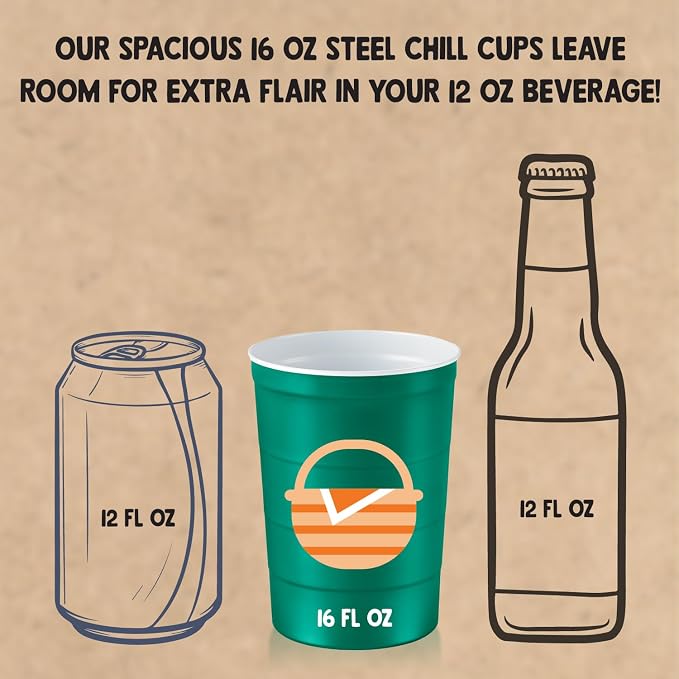 Steel Chill Cups 16 oz. Reusable Party Cups, Summer BBQ Grill, 12 Count | Made in USA from Steel these durable cups chill fast & keep your drink cold for longer, 100% recyclable for sustainablity