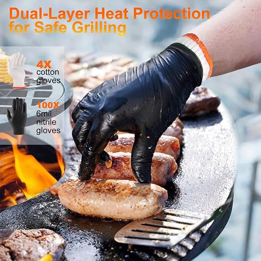 ANBOSON BBQ Gloves Disposable, Heat Resistant Grilling Gloves for Cooking | 6Mil Disposable Nitrile Gloves-100Ct & 4 Cotton Liners for BBQ, Grill, Smoker, Cooking, Food Prep, Catering, XLarge, Black