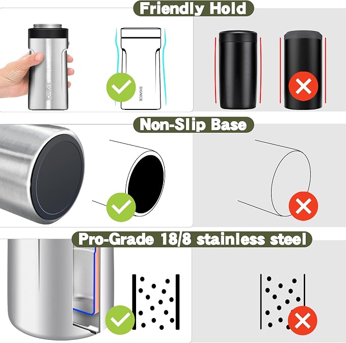 3 In 1 Insulated Universal Can Cooler - Signice Double Walled Vacuum Insulator Stainless Steel Slim Can Cooler for 12 Oz Skinny Tall Standard Regular Can Beer Bottle (Stainless)