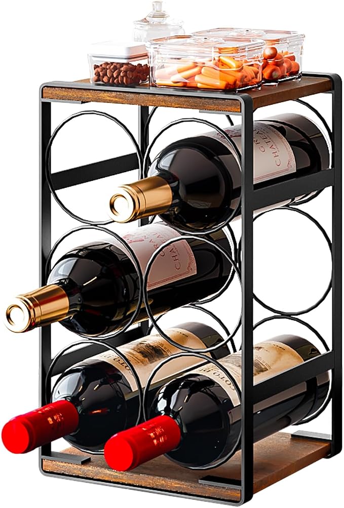 6 Bottle Countertop Small Wine Rack | Compact Design MDF Wood Construction, for Countertop, Cabinet & Corner Storage, Hold Up to 6 Wine Bottles