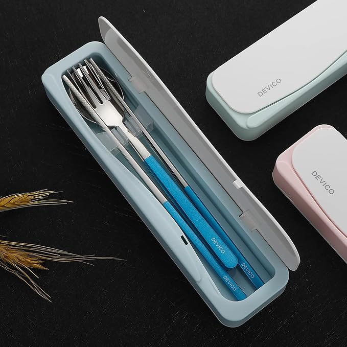 DEVICO Travel Utensils With Case, 18/8 Stainless Steel Camping Utensils, Reusable Portable Silverware Cutlery Set For Lunch Box, Include Fork Spoon Chopsticks (Light Blue)