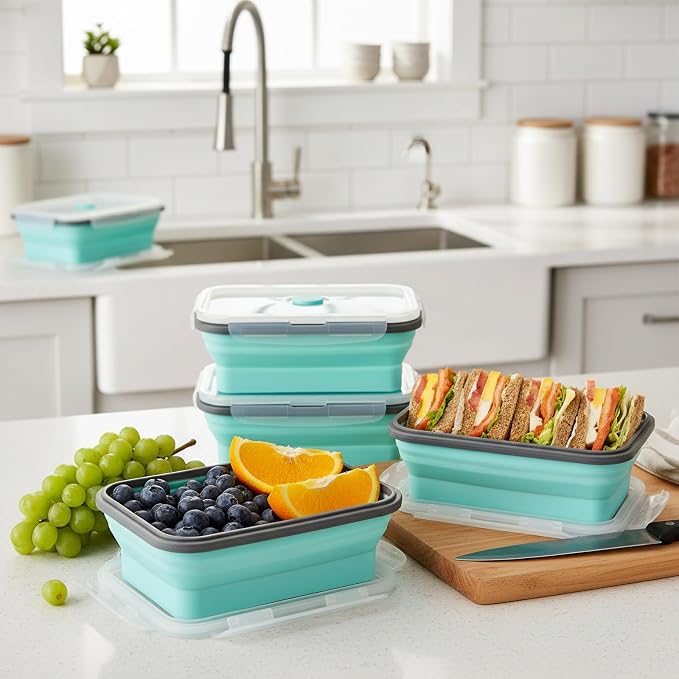 Collapsible Silicone Food Storage Containers Set with Lid & Air Vent,Foldable Lunch Containers(4PCS,Light Turquoise,27oz)