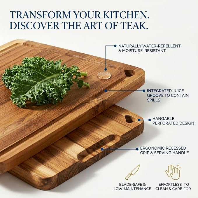 Extra Large Teak Wood Cutting Board for Kitchen, Knife-Friendly Chopping Boards with Juice Grooves & Storage Stand, Heavy Duty Wooden Boards for Meat, Fruit & Cheese, Ideal Housewarming Gift