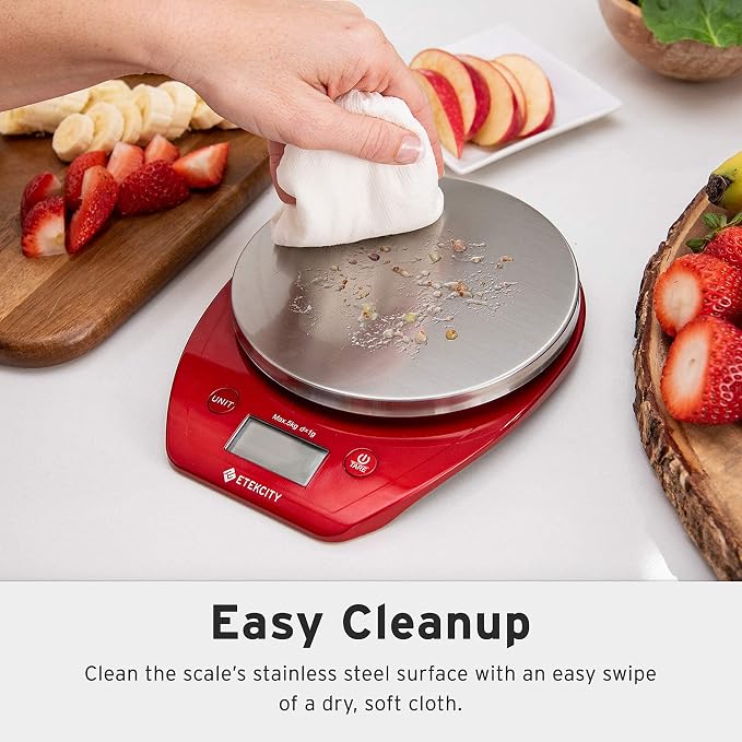 Etekcity Food Kitchen Scale with Bowl, 0.1g, Grams and Ounces | 11lb/5kg capacity with tare, removable bowl, ideal for baking, coffee, meal prep and portion control, Stainless Steel, Red