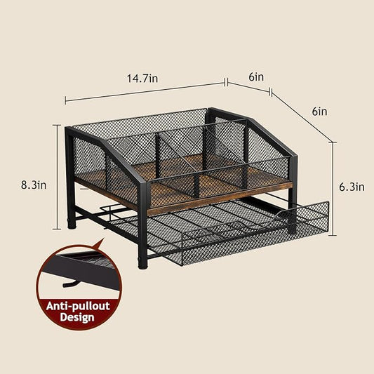 Homsorout Coffee Bar Organizer - Coffee Station for Countertop, Metal and Wood K Cup holder Storage Basket with Drawer for Syrup, Cups, Stirrer, Condiment, Tea Organizer, Brown