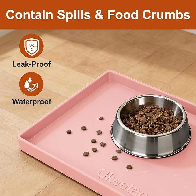 ukeetap 19" x 12" Extra Thick Silicone Mat Waterproof with Raised Edge, BPA Free Non-Slip Dog & Cat Food Mat, Feeding Mat for Food and Water Bowls, Spill Proof Mat to Protect Floors, Pink