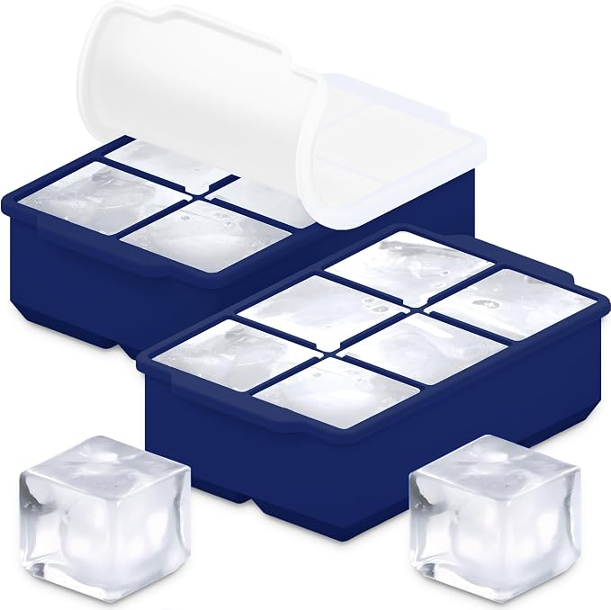 KitchFort® Large Silicone Ice Cube Tray (2-Pack), Easy Release 2" Big Ice Cubes - Cocktail, Whiskey Ice Cubes Mold - Ice Trays for Freezer with Lid - Stackable Silicone Ice Tray - Navy Blue