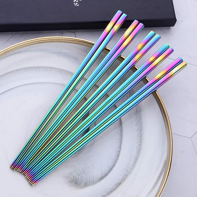 Buyer Star Rainbow Stainless Steel Chopsticks - 5-Pair Reusable Chinese Square Chopsticks