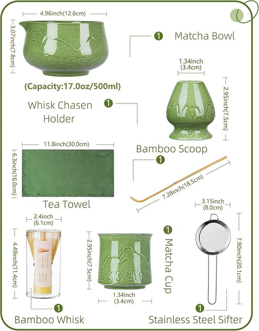 ZENS Matcha Whisk Set, 17oz Ceramic Matcha Set Includes Matcha Bowl and Matcha Cup, Bamboo Whisk & Chasen Holder, Sifter, Scoop & Tea Towel, 7pcs Matcha Kit for Matcha Latte, Emerald Green