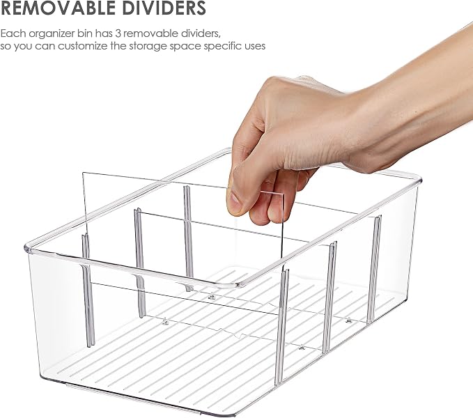 Vtopmart 10 Pack Food Storage Organizer Bins, Clear Plastic, 4 Compartments | For Pantry, Kitchen, Fridge and Cabinet Organization, Organize Food Packets, Snacks, Pouches and Spice Packets