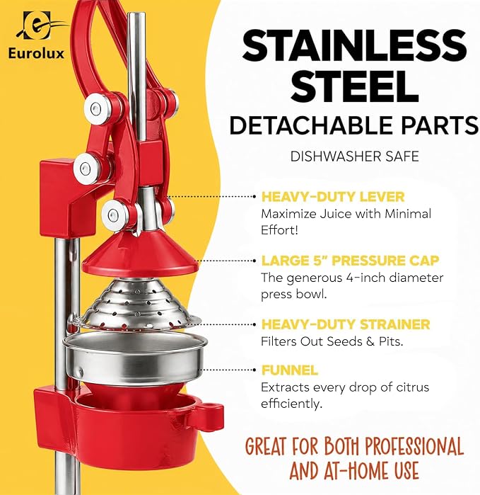 Eurolux Ultra-Premium Cast Iron Juicer | Extra-Large, Heavy Duty, Commercial Grade, Stainless Steel Manual Hand Press Citrus Squeezer For Fresh Orange Juice, Pomegranate, Lemon, and Much More (Red)