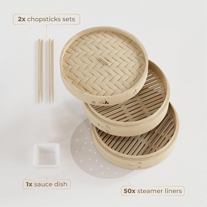 Bamboo Steamer Basket - Cook Delicious Meals with Authentic Flavor at Home | 12 Inch, 2 Tiers + 50 Liners, Chopsticks and Sauce Dish - Steam Family Portions of Dumplings, Bao and Vegetables at Once