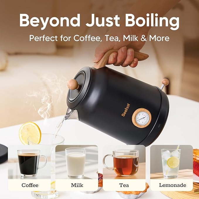 Seehot® 1.7L (57.oz) Electric Kettle with Thermometer, 1200W Large Electric Tea kettle with 304 Stainless Steel,Auto shut off,Hot water kettle Electric for Coffee&Tea-Black