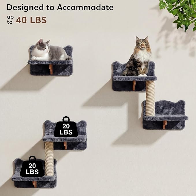 Cat Wall Furniture, 16 in 1 Cat Shelves w/Tunnel & Bridge, Grey | Wall Mounted Cats Shelf Set with Plush Fabric, Cat Climbing Wall Systems for 16 Inch Drywall, with Scratching Posts, Condos