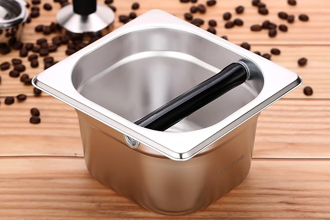 Coffee Knock Box Stainless Steel, 6.9 Inch Espresso Knock Box for Espresso Coffee Grounds, Built-In Knock Box with Rubber Knock Bar, 2L Large Capacity for Home Barista & Coffee Bar